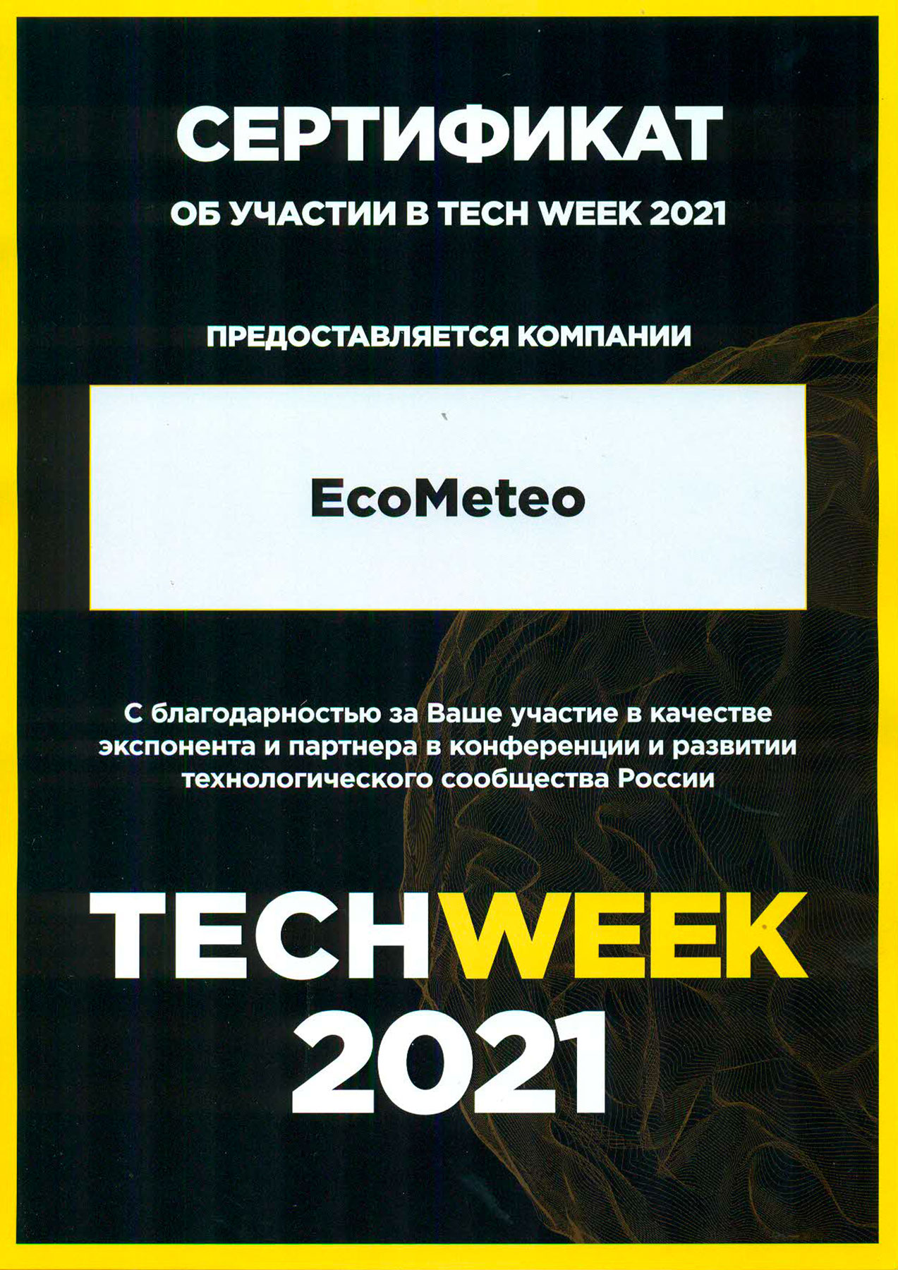 Сертификат Techweek 2021 Ecometeo